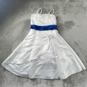 Girls White Formal Dress with Royal Blue Sash Spaghetti Straps Size 8
